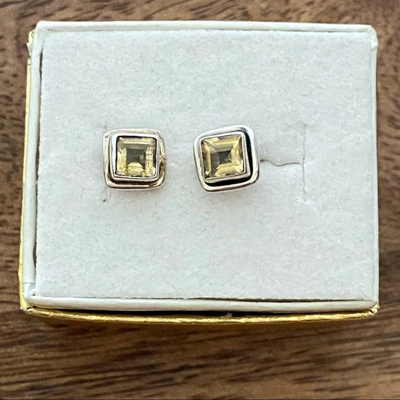 Vintage 925 Sterling Silver Citrine Gemstone Square Stud Earrings - Picture 3 of 15